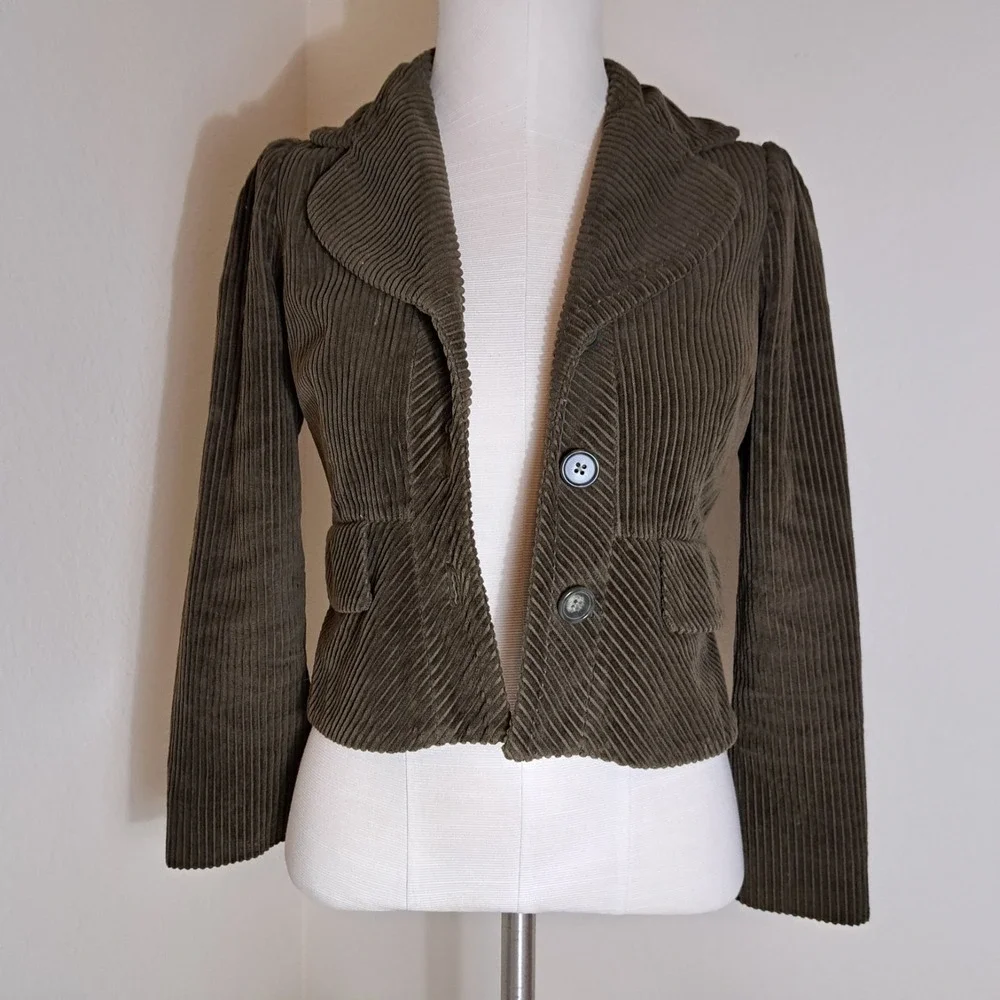 ELEVENSES Anthropologie Y2K Green Corduroy Button Up‎ Jacket Line Size 2